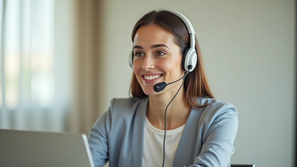 Profissional em videochamada com fone de ouvido e fundo corporativo limpo